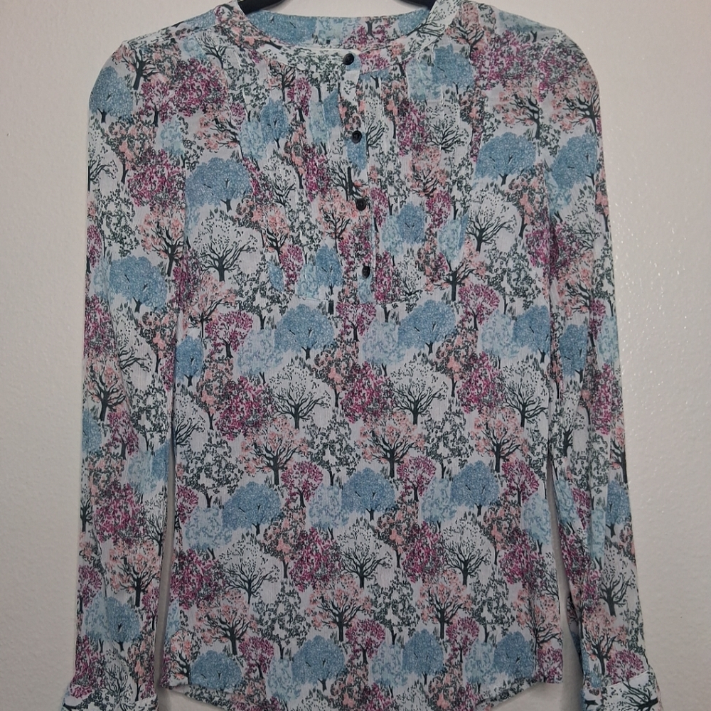 Boden Multicolored Tree Forest Print Silk Cotton Blouse Textured Lightweight 2